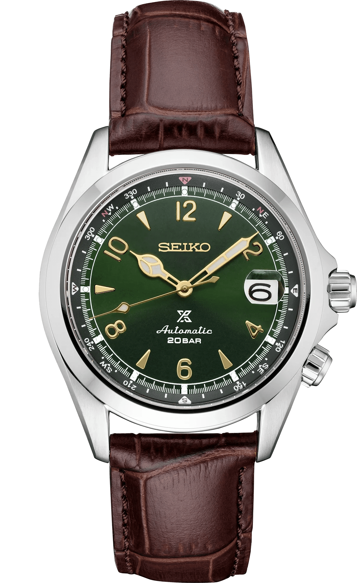 Seiko wristwatch with green dial and brown leather strap.
