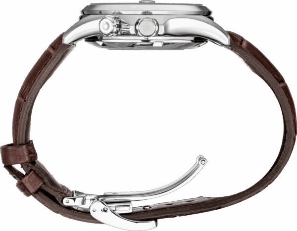 Side view of a classic wristwatch with a brown leather strap and silver case.