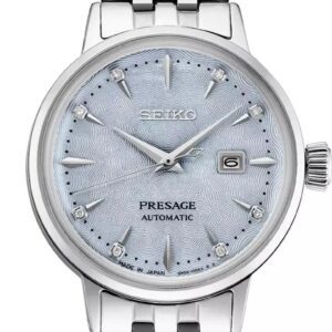 Elegant Seiko Presage automatic watch with silver stainless steel band and textured dial.