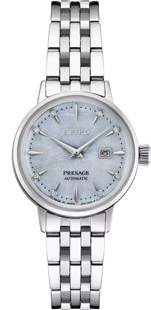 Elegant Seiko Presage automatic watch with silver stainless steel band and textured dial.