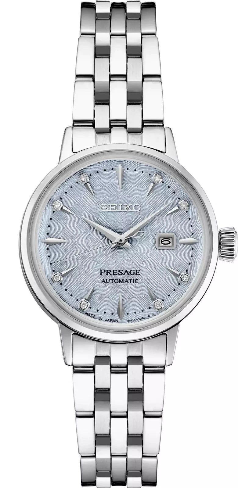 Elegant Seiko Presage automatic watch with silver stainless steel band and textured dial.