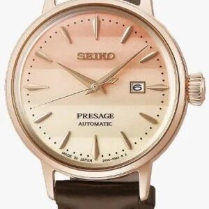 Elegant Seiko Presage automatic watch with rose gold accents and brown leather strap.