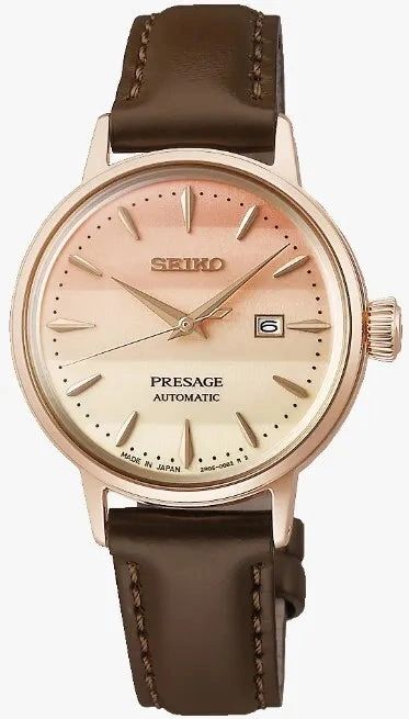Elegant Seiko Presage automatic watch with rose gold accents and brown leather strap.