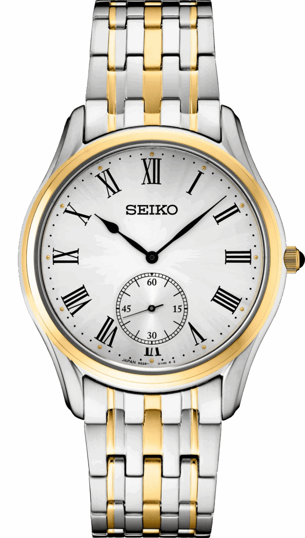 Elegant Seiko wristwatch with gold and silver tones and Roman numerals.