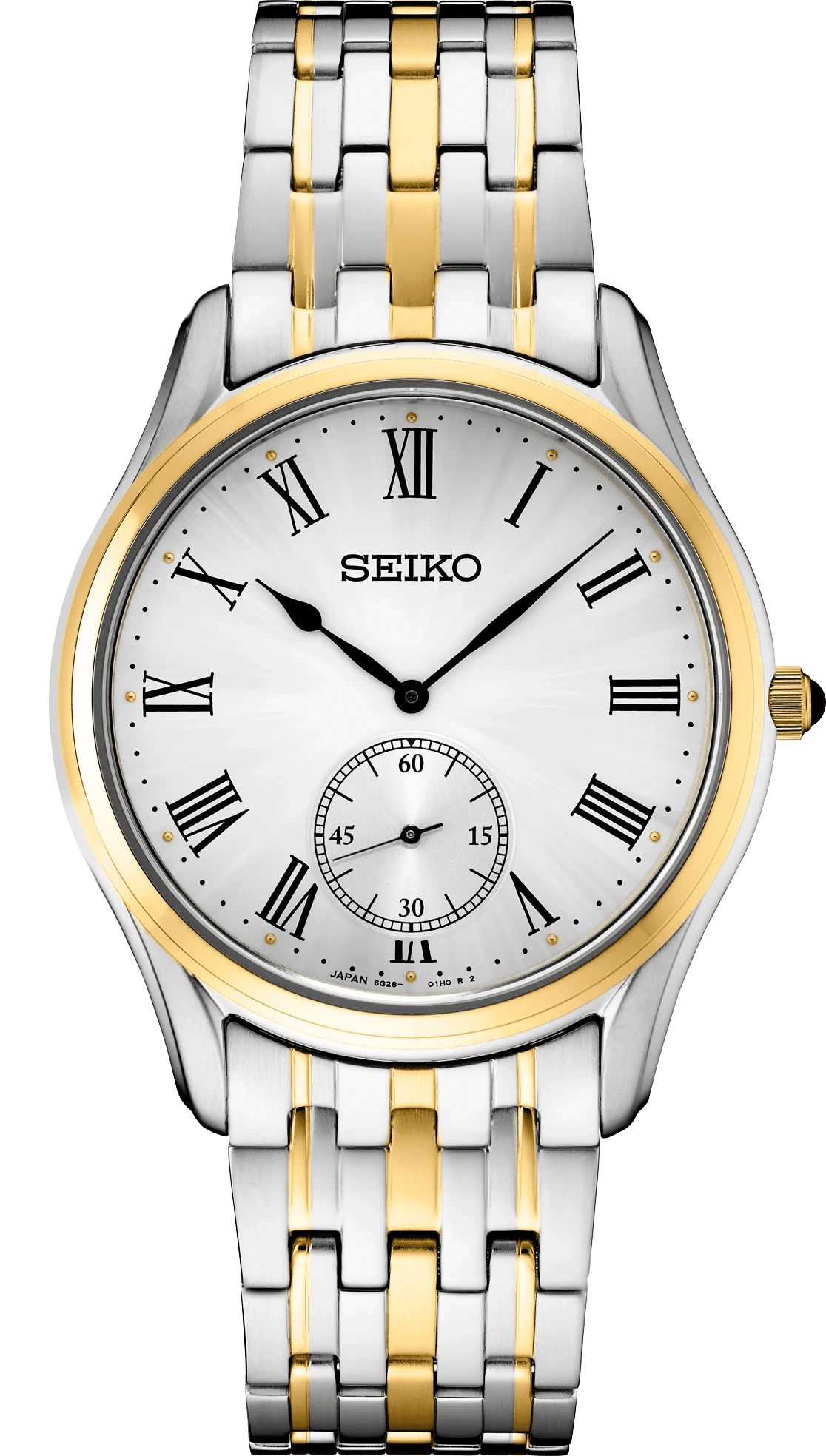 Elegant Seiko wristwatch with gold and silver tones and Roman numerals.