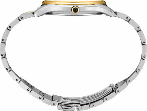 Side view of a silver wristwatch with a gold crown and metal bracelet.