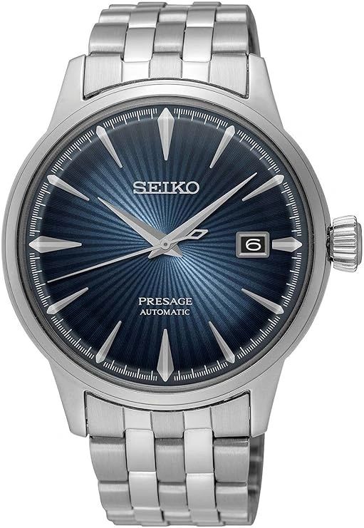 Seiko Presage automatic watch with blue textured dial and date display.