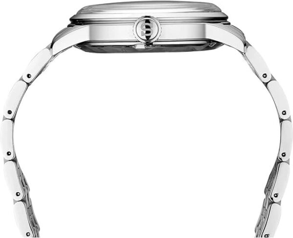 Side profile of a sleek silver wristwatch with a metal bracelet.