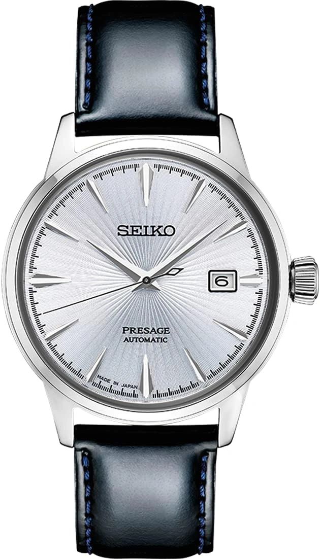 Seiko Presage automatic watch with silver dial and date window.