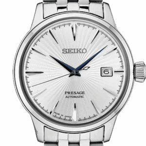 Elegant Seiko automatic watch with silver dial and blue hands.