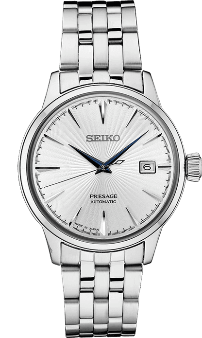 Elegant Seiko automatic watch with silver dial and blue hands.
