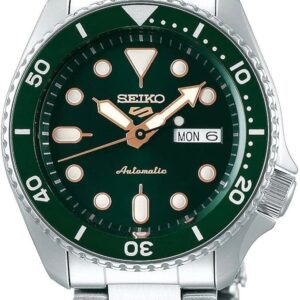 Seiko diver's watch with green dial and stainless steel bracelet.