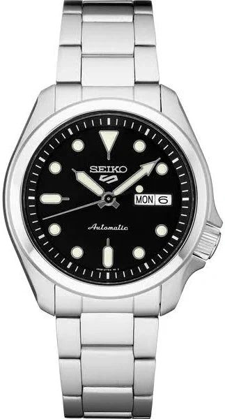 Seiko automatic wristwatch with black dial and day-date display.
