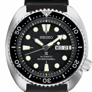 Seiko diver's watch with black dial and rotating bezel.