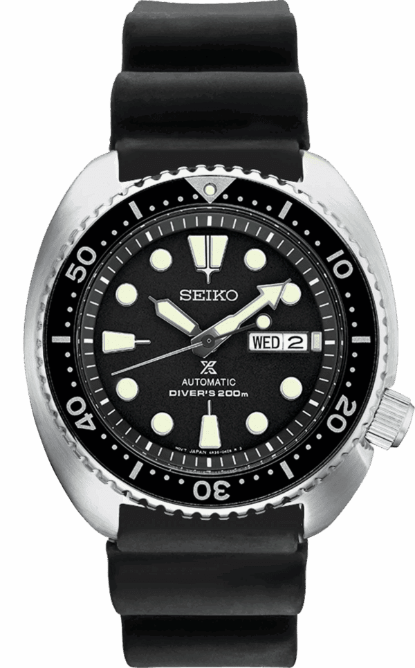 Seiko diver's watch with black dial and rotating bezel.
