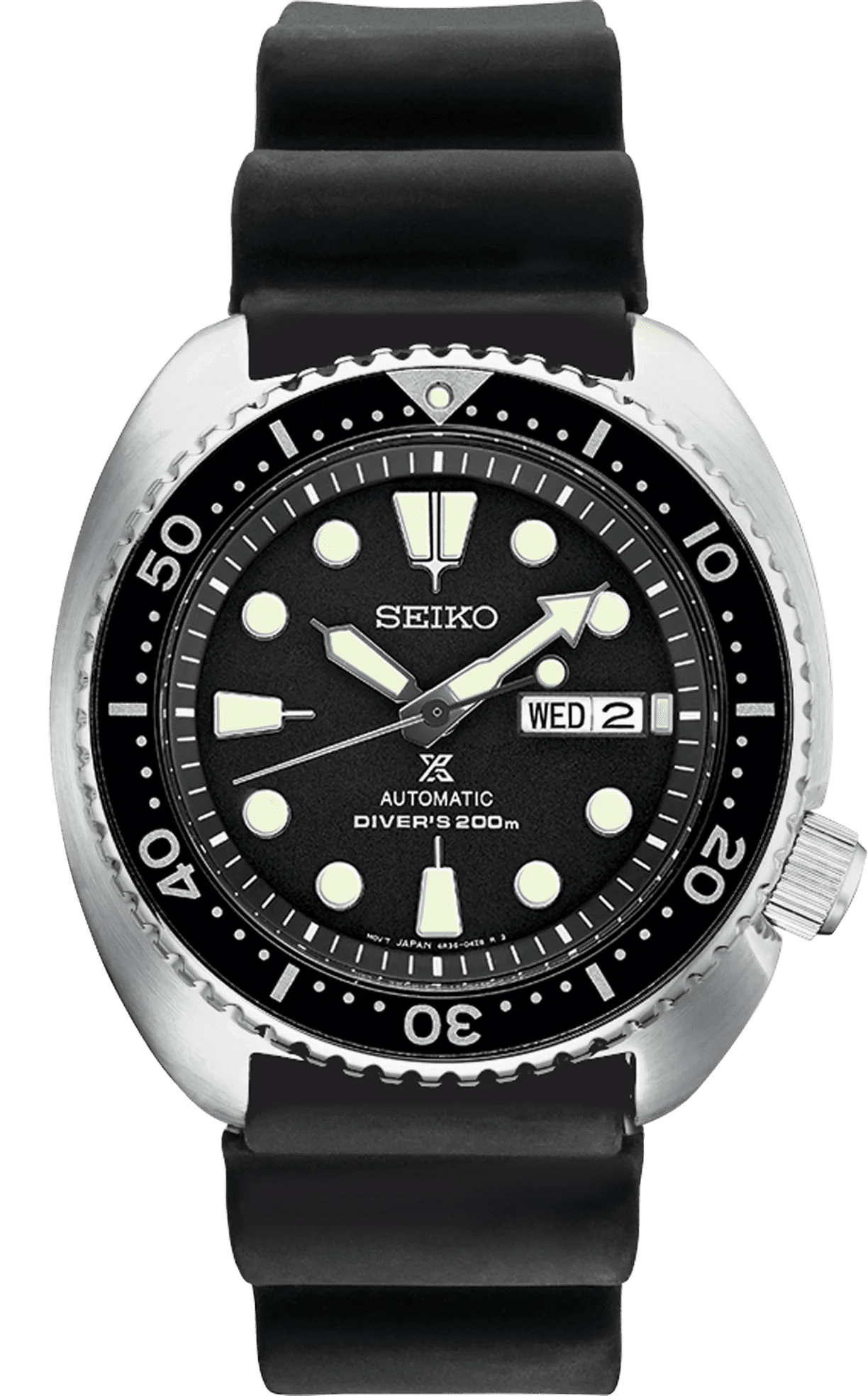 Seiko diver's watch with black dial and rotating bezel.