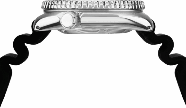 Side view of a silver wristwatch with a ridged bezel and crown.