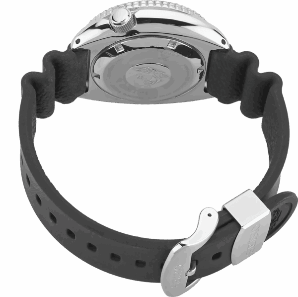 Back view of a wristwatch with a black strap and silver buckle.