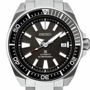 Seiko stainless steel wristwatch with black dial and date display.
