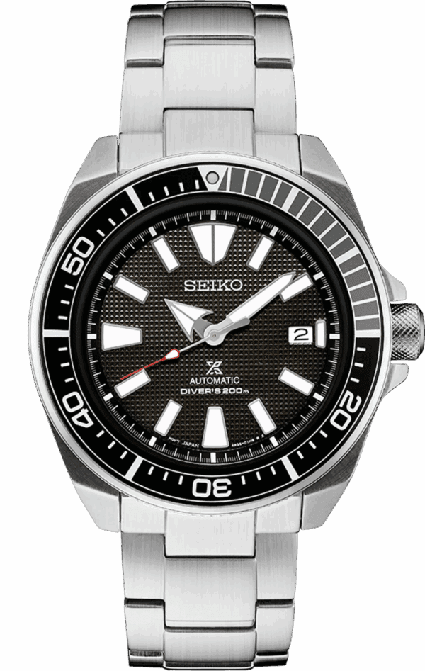Seiko stainless steel wristwatch with black dial and date display.