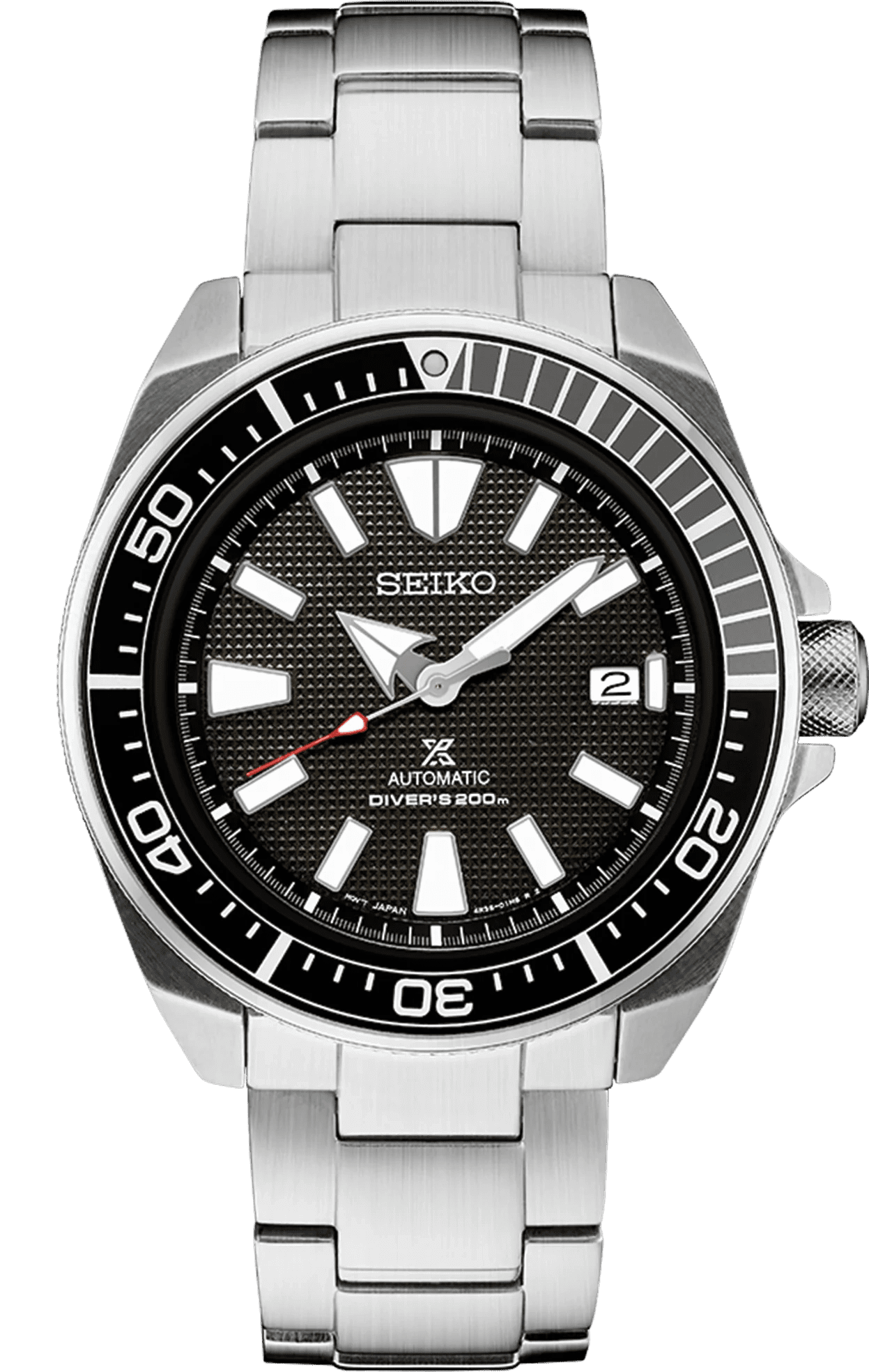 Seiko stainless steel wristwatch with black dial and date display.