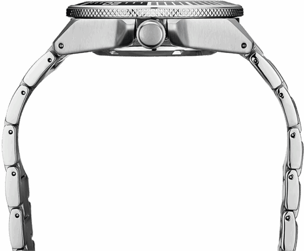 Side view of a metallic wristwatch with a textured dial and crown.