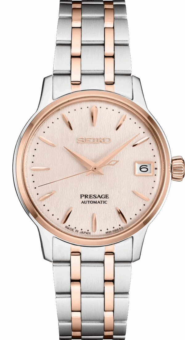 Elegant Seiko Presage automatic watch with rose gold accents and date display.