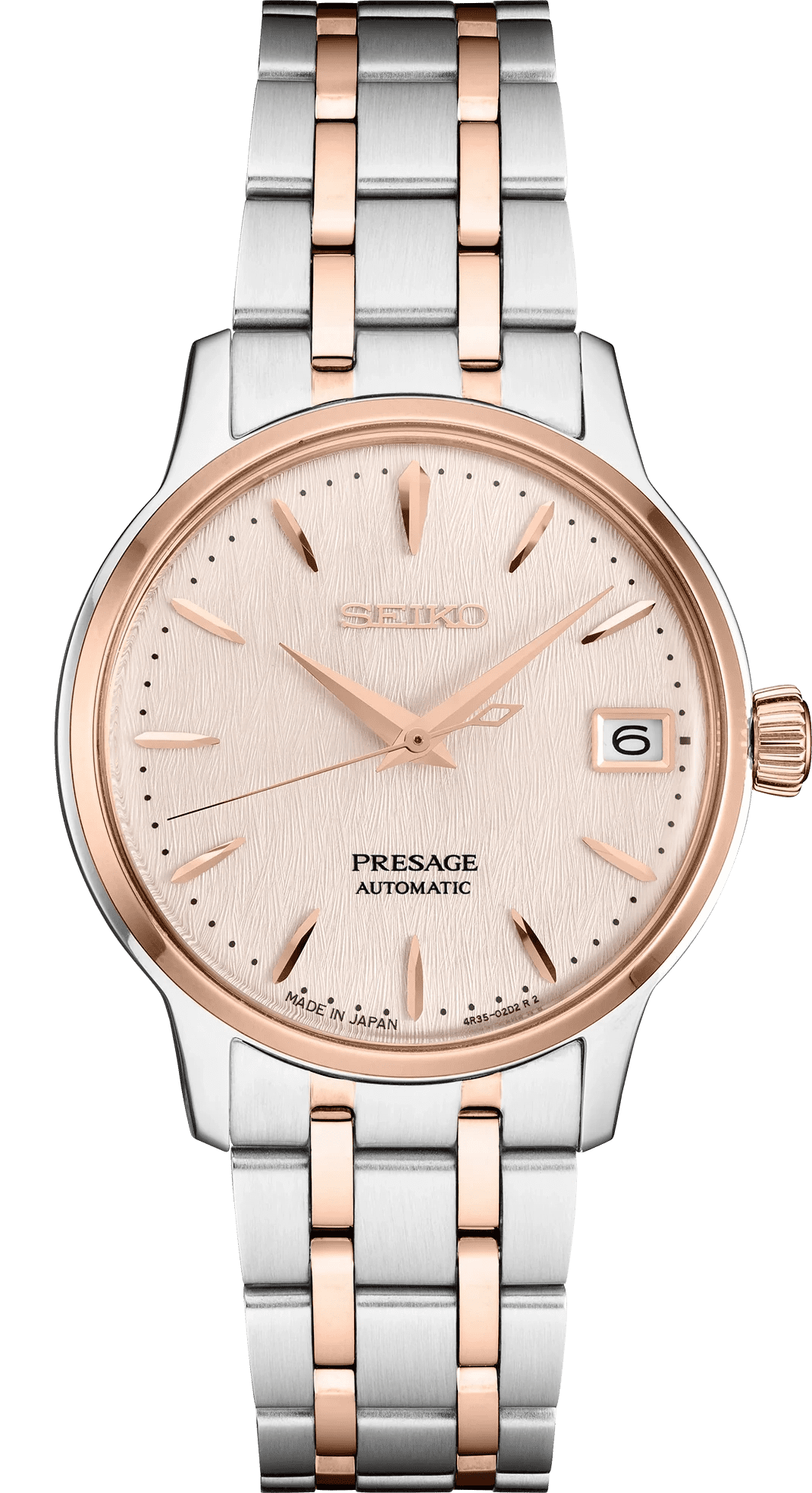 Elegant Seiko Presage automatic watch with rose gold accents and date display.