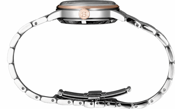Side view of a sleek, modern wristwatch with a metal band and rose gold accents.