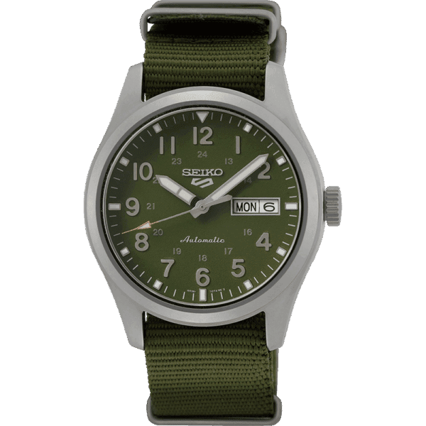 A wristwatch with an olive green dial and strap.
