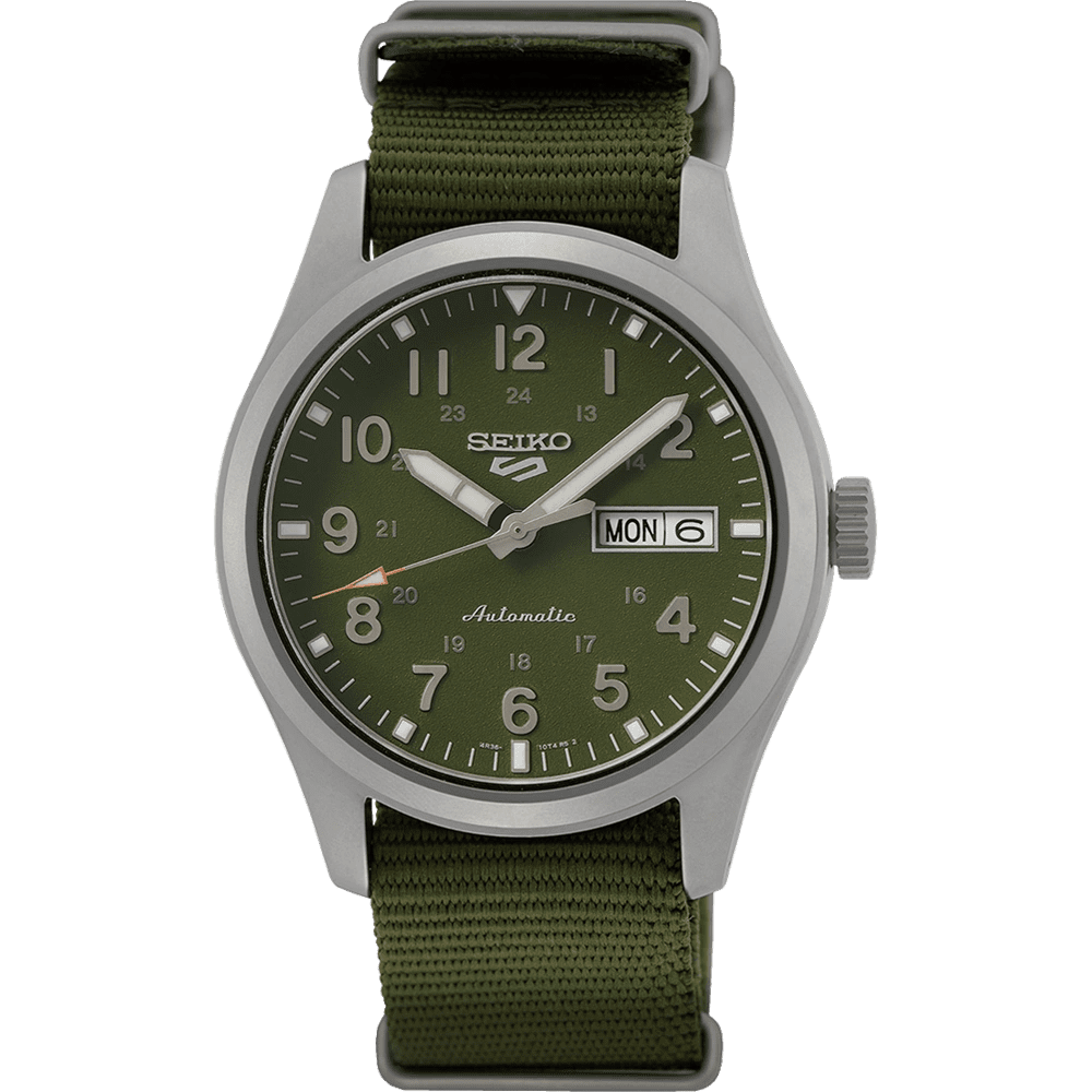 A wristwatch with an olive green dial and strap.