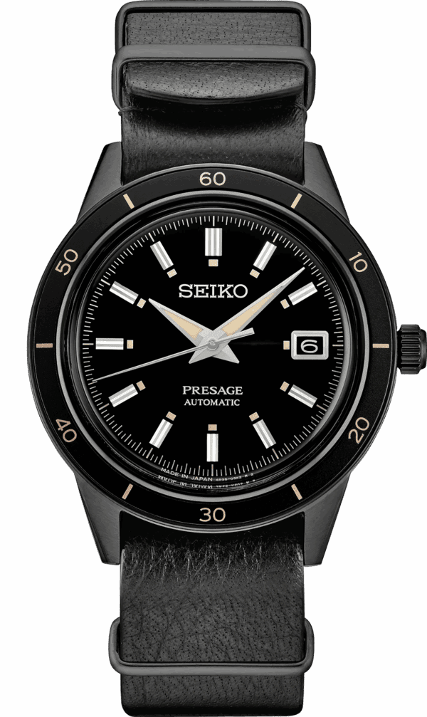 Seiko Presage automatic wristwatch with black dial and date display.
