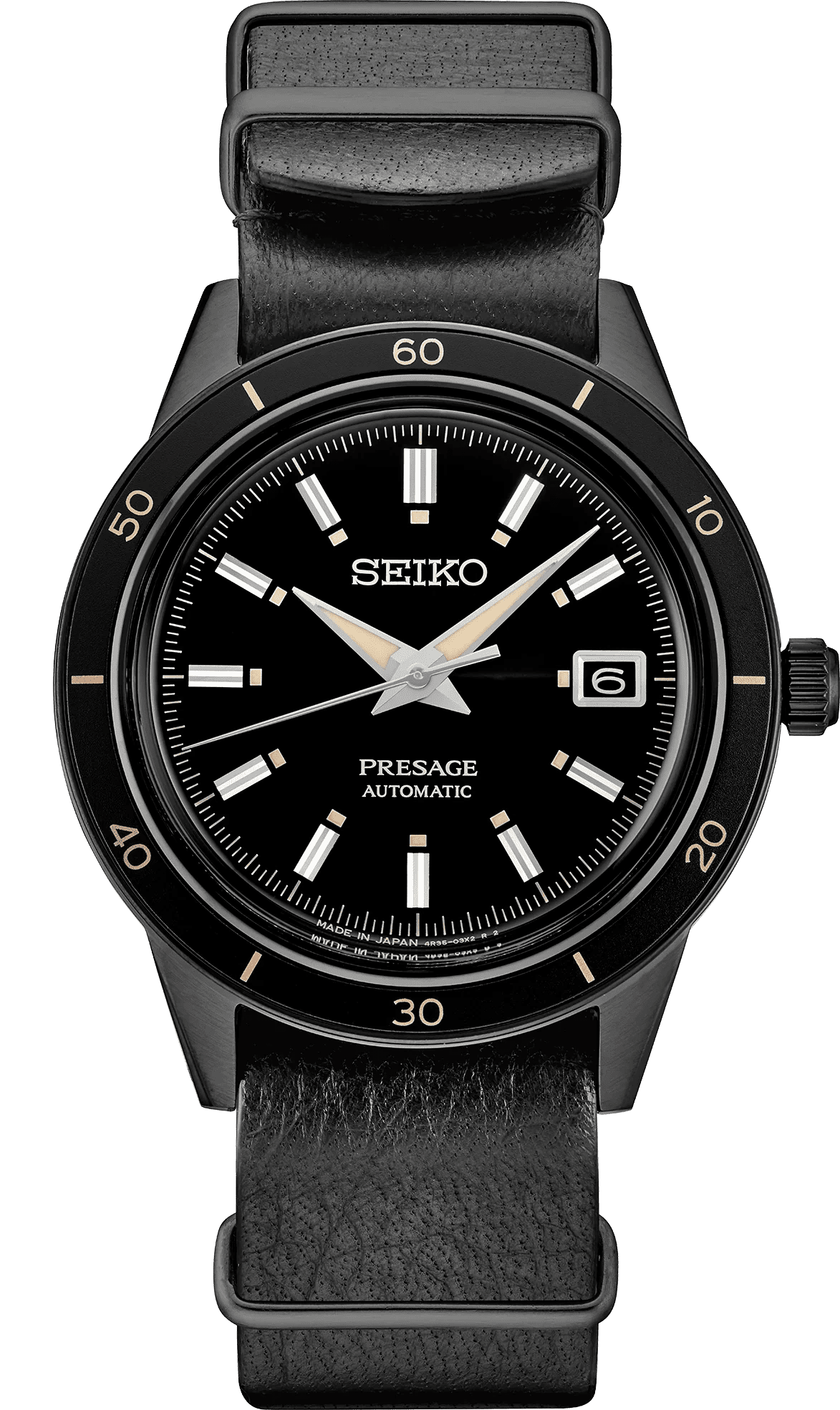 Seiko Presage automatic wristwatch with black dial and date display.