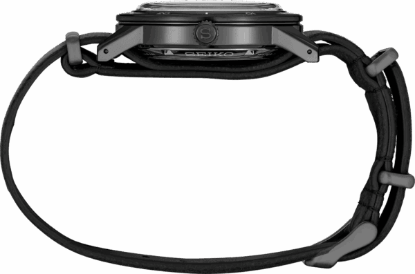 Side view of a sleek black wristwatch with a leather strap.