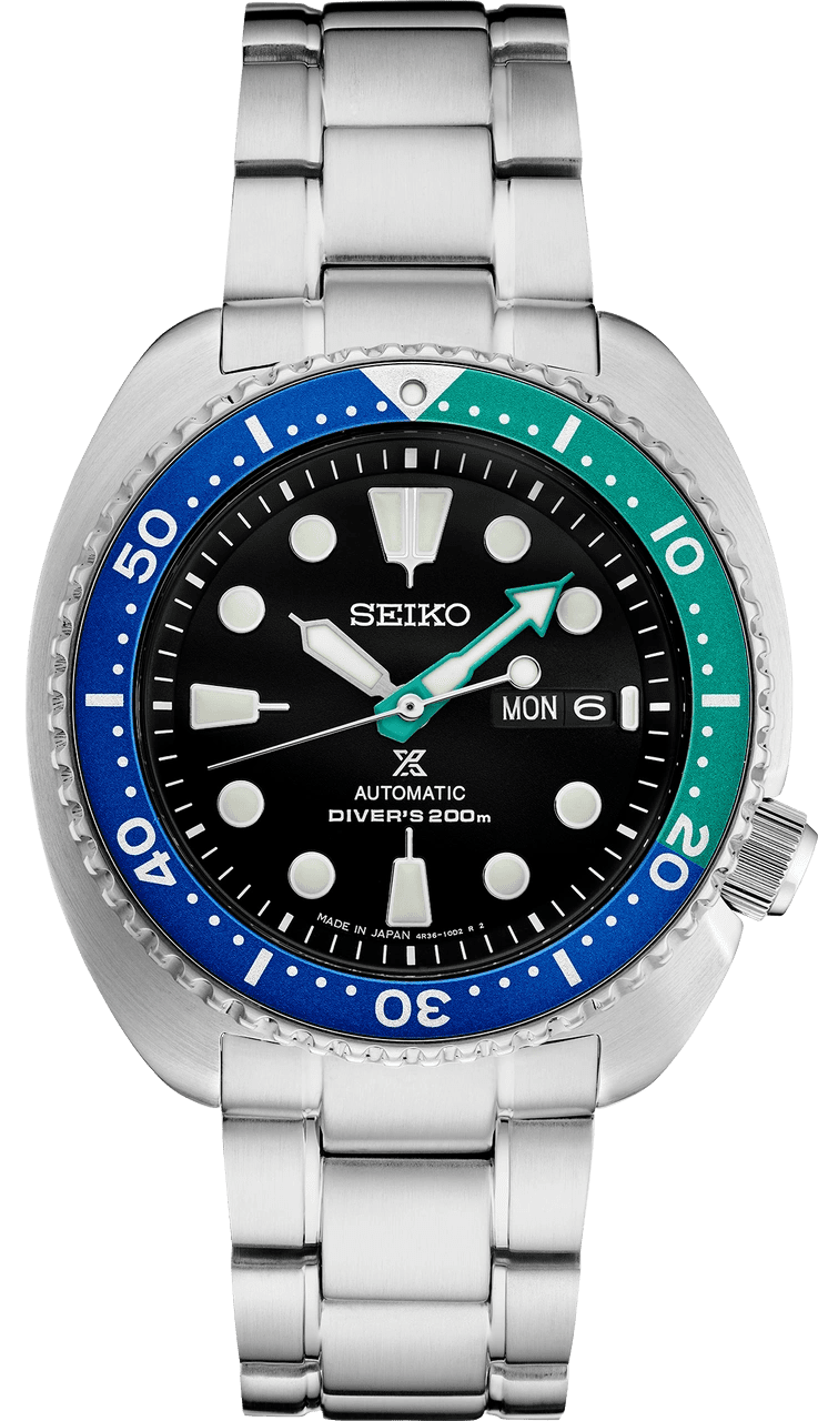 Seiko dive watch with blue and green bezel and day-date display.