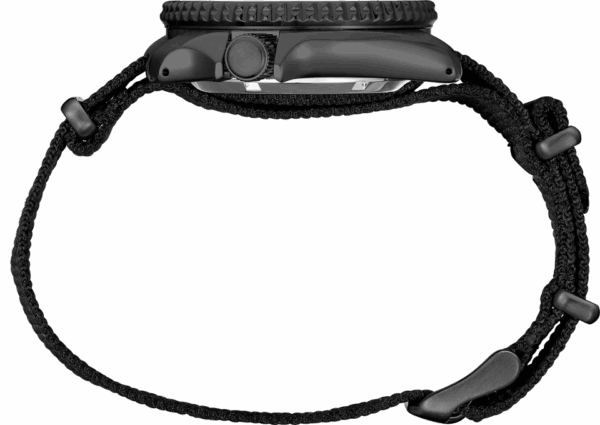 Side view of a black wristwatch with a textured strap and round face.