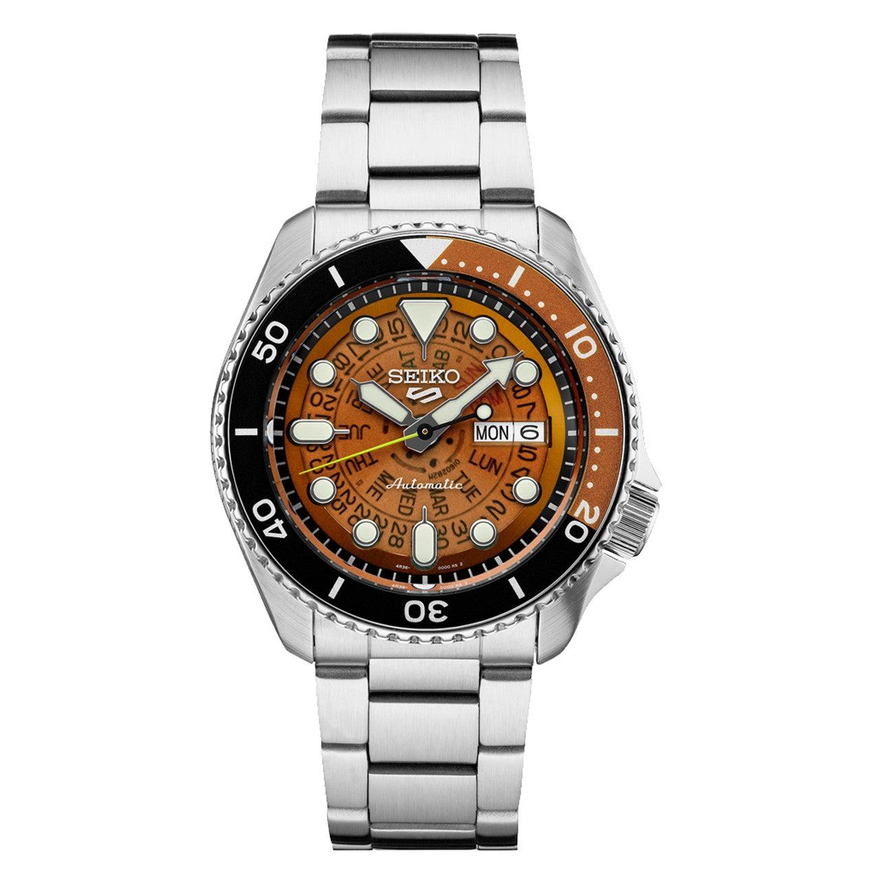 Silver wristwatch with an orange dial and metal band.