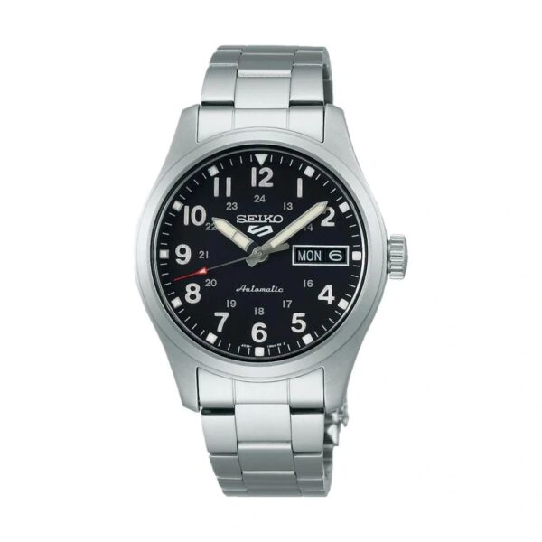 Silver wristwatch with black dial and date display.