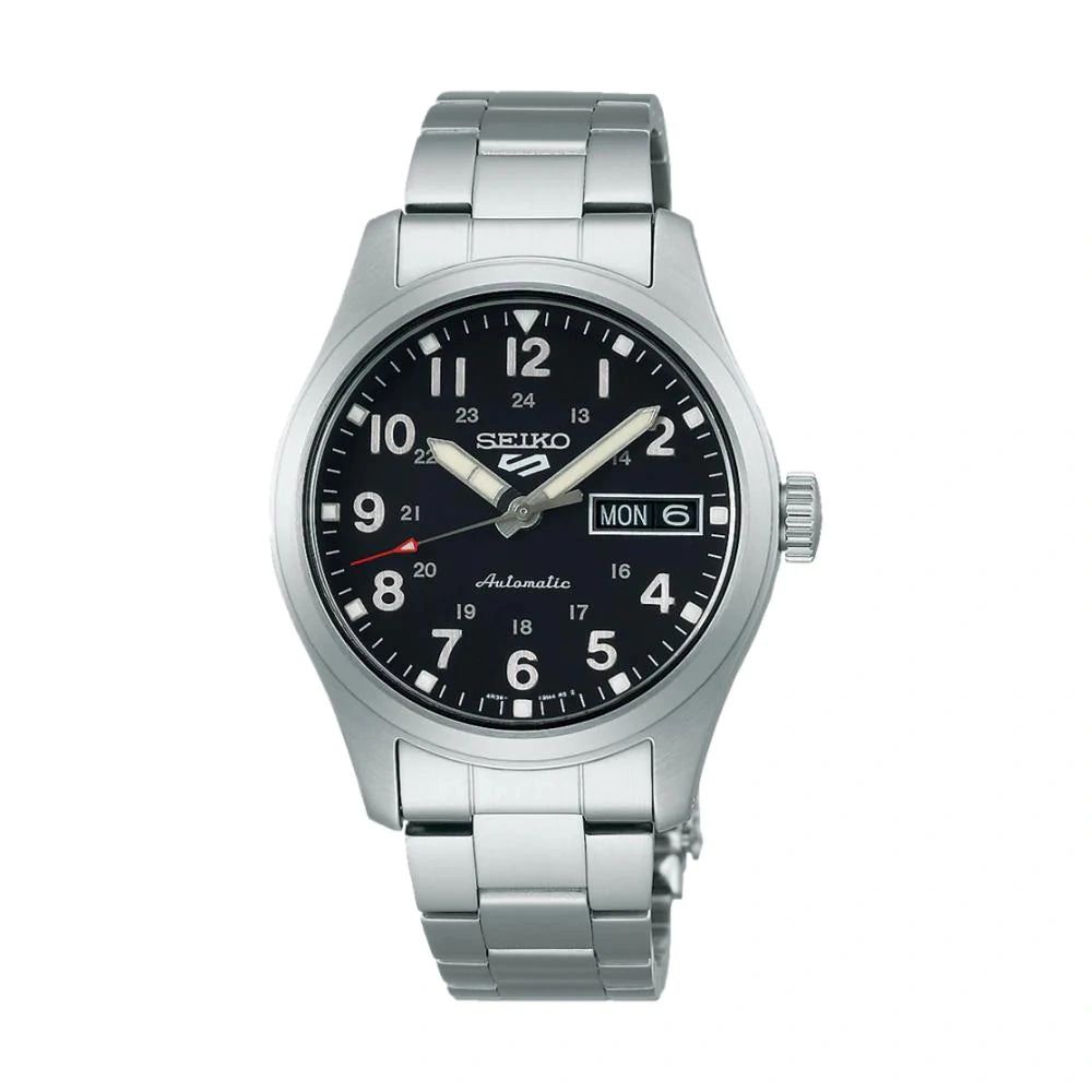 Silver wristwatch with black dial and date display.