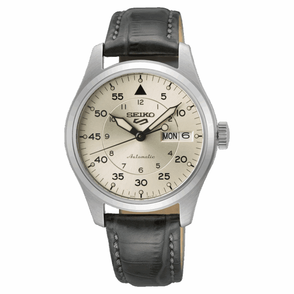 Classic analog wristwatch with black leather strap and beige dial.