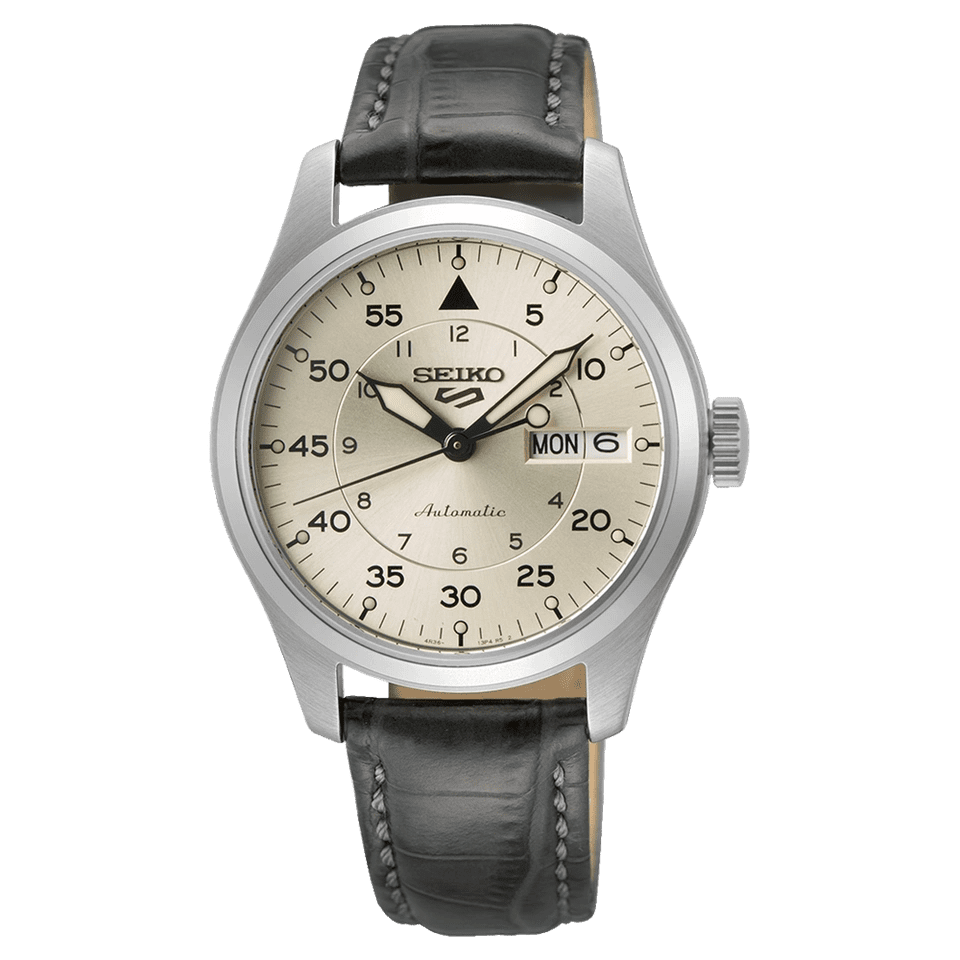 Classic analog wristwatch with black leather strap and beige dial.