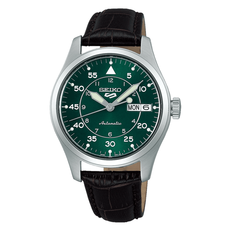 Elegant wristwatch with green dial and leather strap.