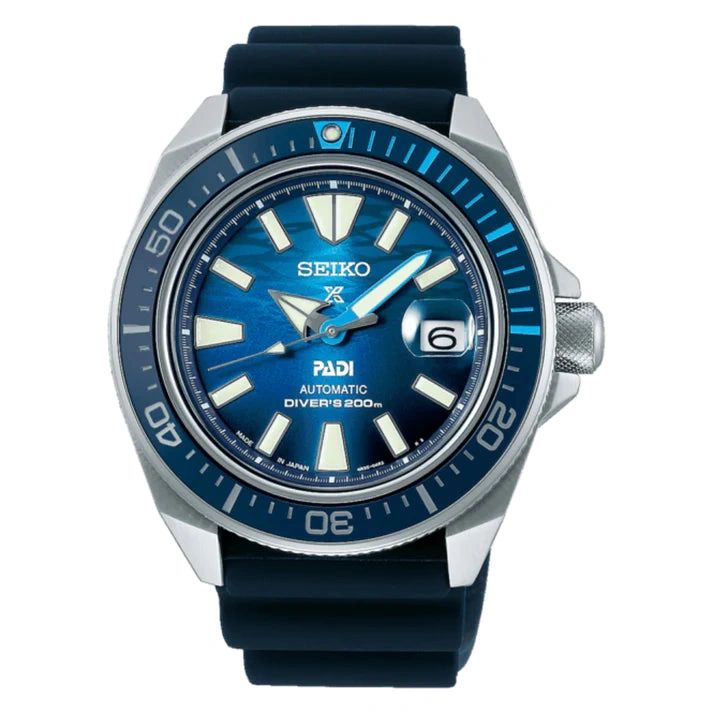 Seiko Prospex dive watch with blue dial and black rubber strap.