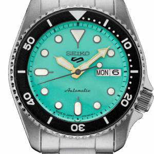 Seiko dive watch with turquoise dial and stainless steel bracelet.