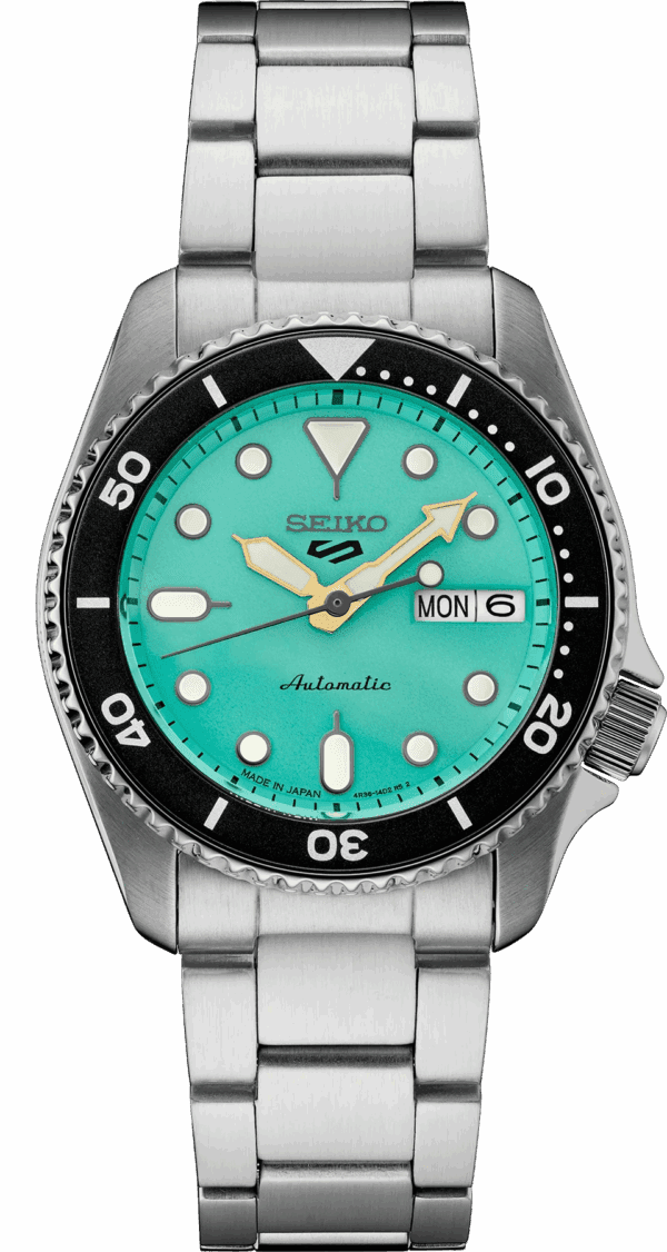 Seiko dive watch with turquoise dial and stainless steel bracelet.