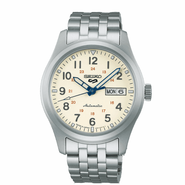 Silver Seiko wristwatch with cream dial and date display.