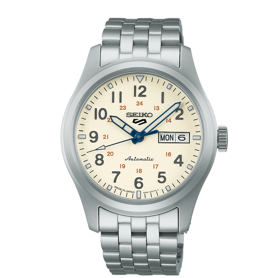 Silver Seiko wristwatch with cream dial and date display.