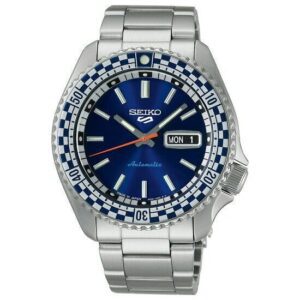 Seiko wristwatch with blue dial and stainless steel bracelet.