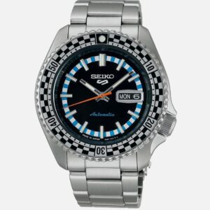 Seiko automatic wristwatch with stainless steel band and black dial.