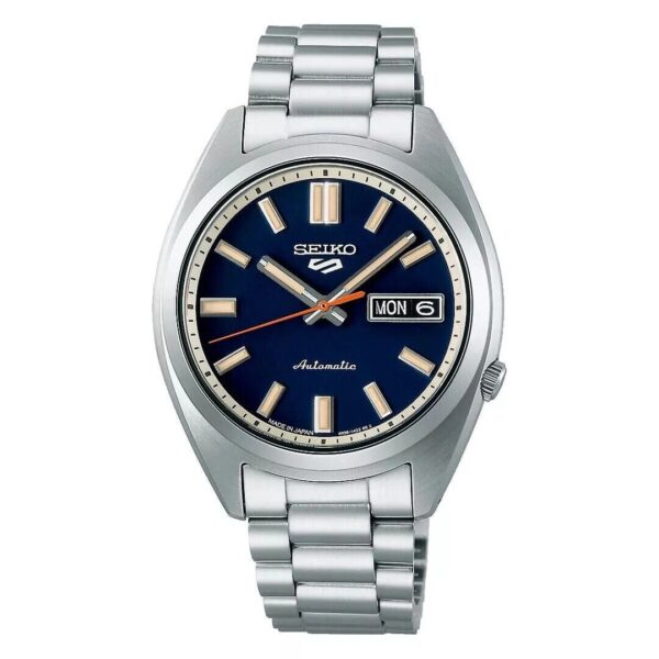 Silver Seiko wristwatch with blue dial and metal bracelet.
